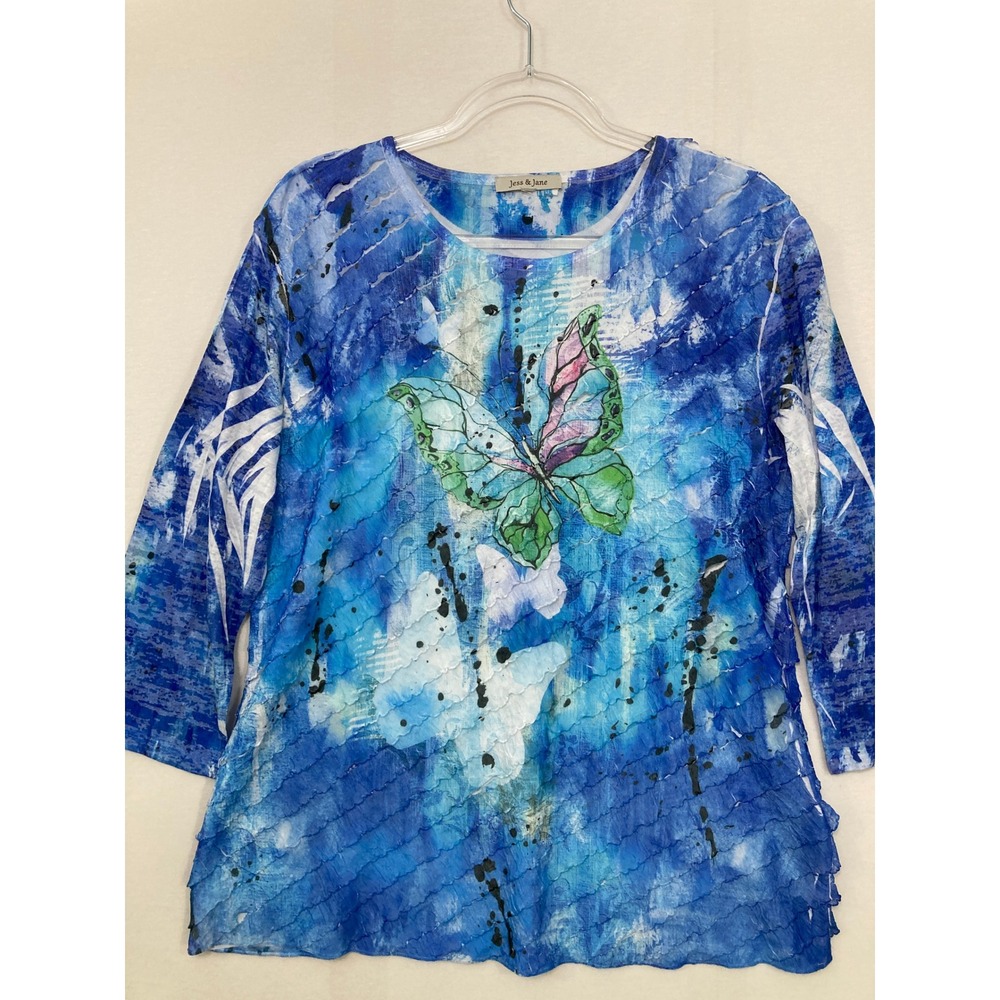 Jess & Jane Butterfly Top Large Blue Textured 3/4 Sleeve Art To Wear Stretch